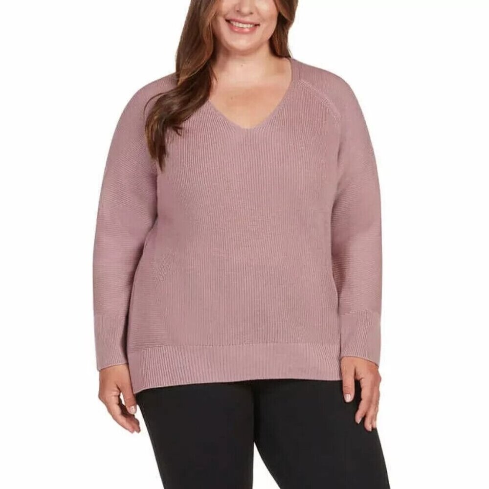 Matty M Women's Plus Size 2X Mauve Rib Stitch V Neck Sweater NWT